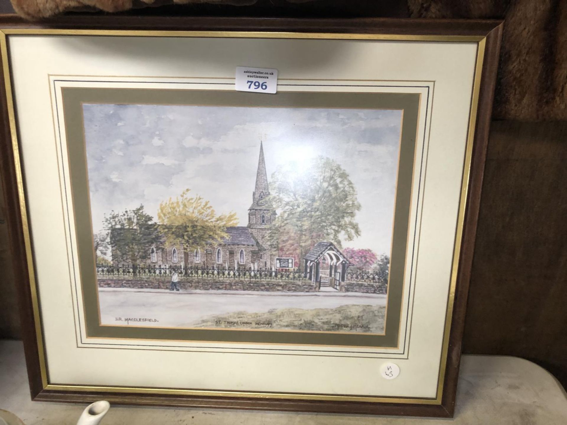 A FRAMED PICTURE OF A CHURCH, 'NR MACCLESFIELD'
