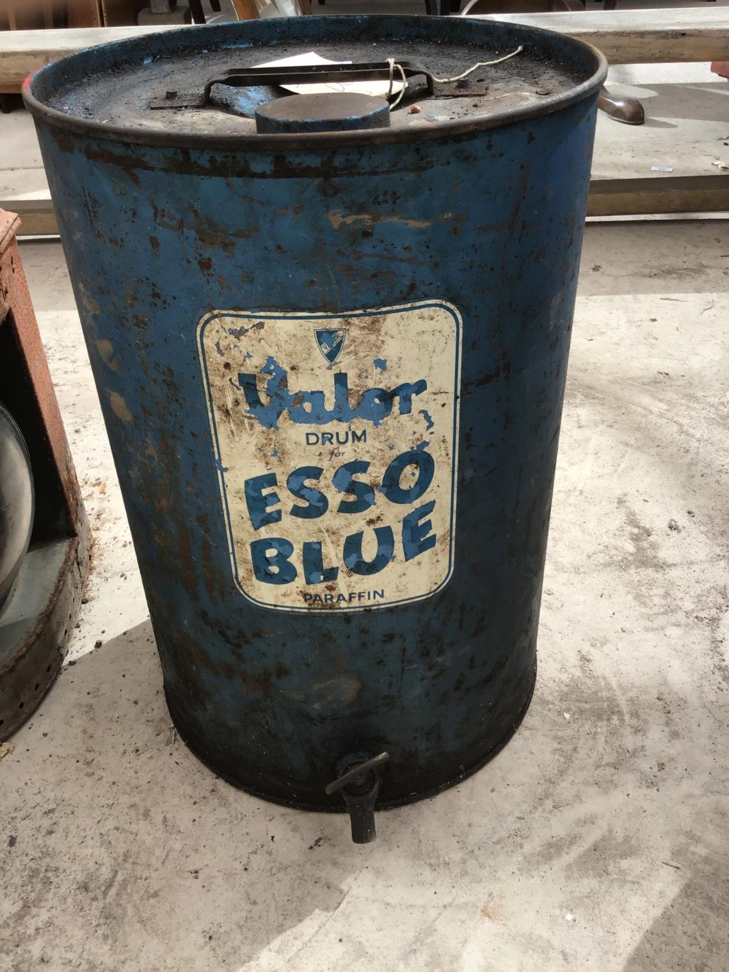 A VINTAGE 'VALOR DRUM ESSO BLUE PARAFFIN' DRUM