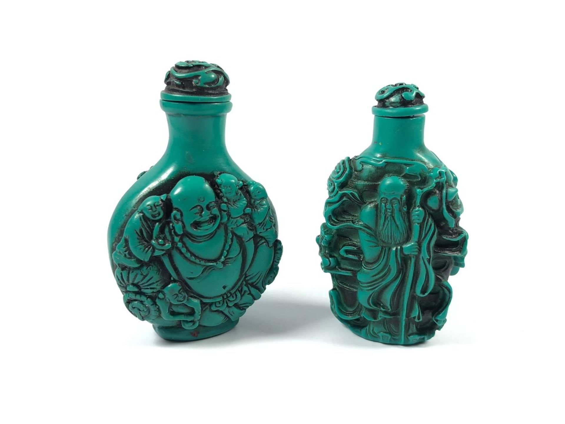 TWO CHINESE TURQUOISE COLOURED SNUFF BOTTLES, HEIGHT OF LARGEST EXAMPLE 8CM