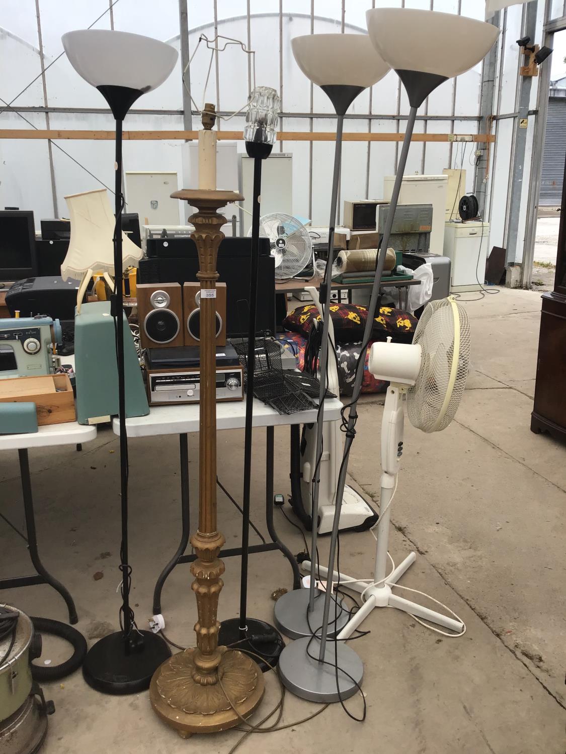 FIVE STANDARD LAMPS AND A FAN