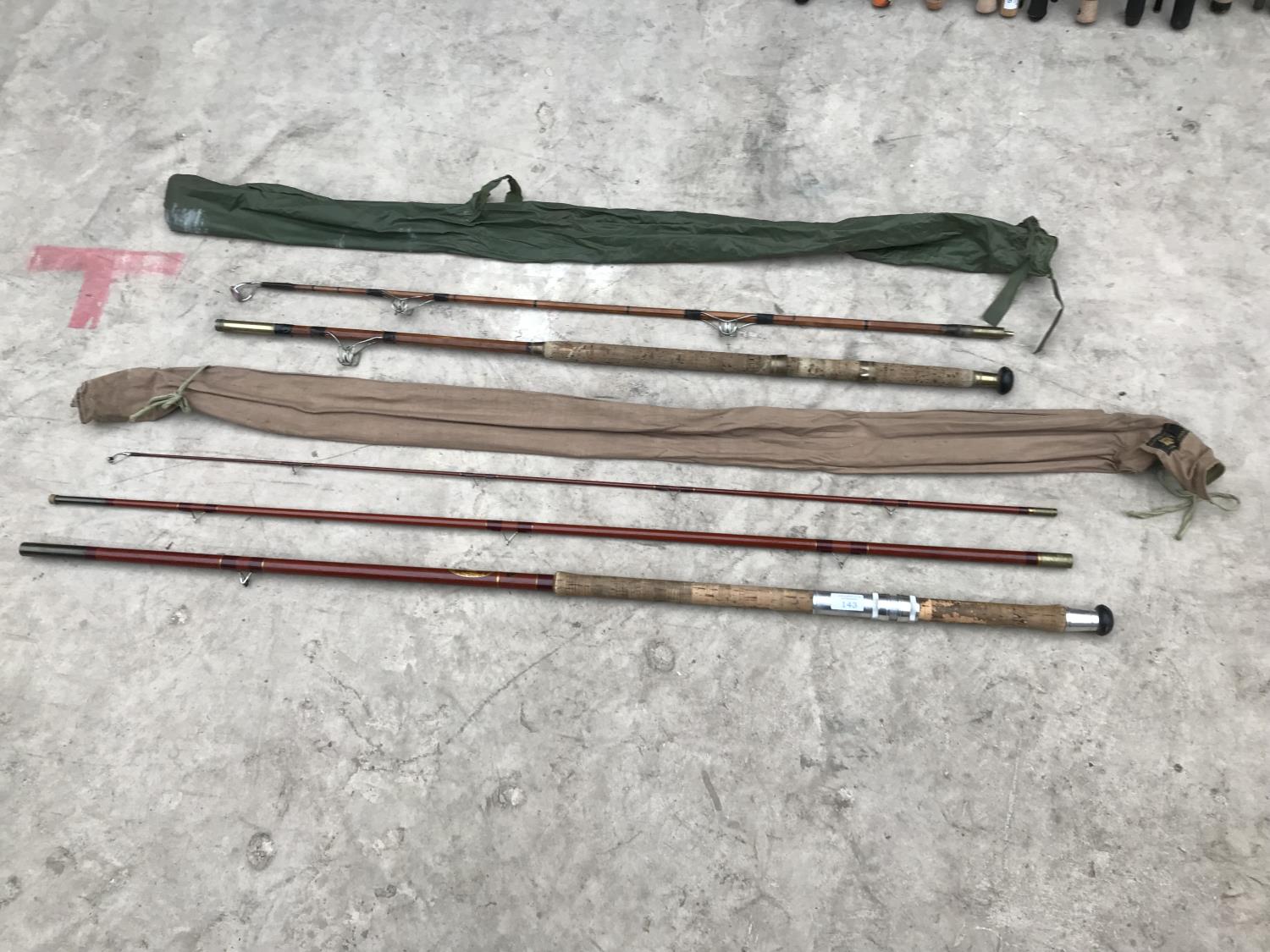 TWO VINTAGE RODS WITH ROD BAGS AND ARROWSMITH OF GORTON COARSE ROD AND A BOAT ROD