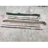TWO VINTAGE RODS WITH ROD BAGS AND ARROWSMITH OF GORTON COARSE ROD AND A BOAT ROD