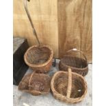 FOUR VINTAGE WICKER ITEMS TO INCLUDE A CANE HANDLED TWO WHEELED SHOPPING TROLLEY