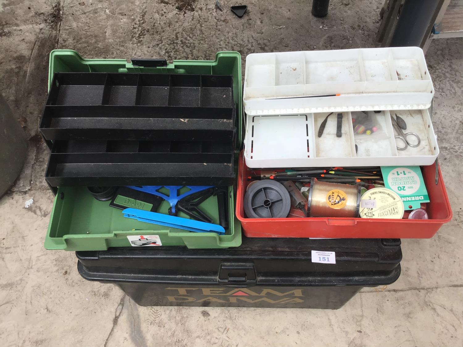 A LARGE TEAM DAIWA FISHING TACKLE BOX WITH TWO SMALL BOXES AND CONTENTS