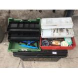 A LARGE TEAM DAIWA FISHING TACKLE BOX WITH TWO SMALL BOXES AND CONTENTS