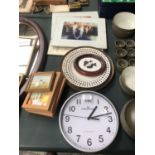 VARIOUS SMALL FRAMED PICTURES, WALL CLOCK ETC