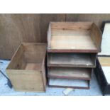 FOUR VINTAGE WOODEN STORAGE SHELVES AND A WOODEN BOX