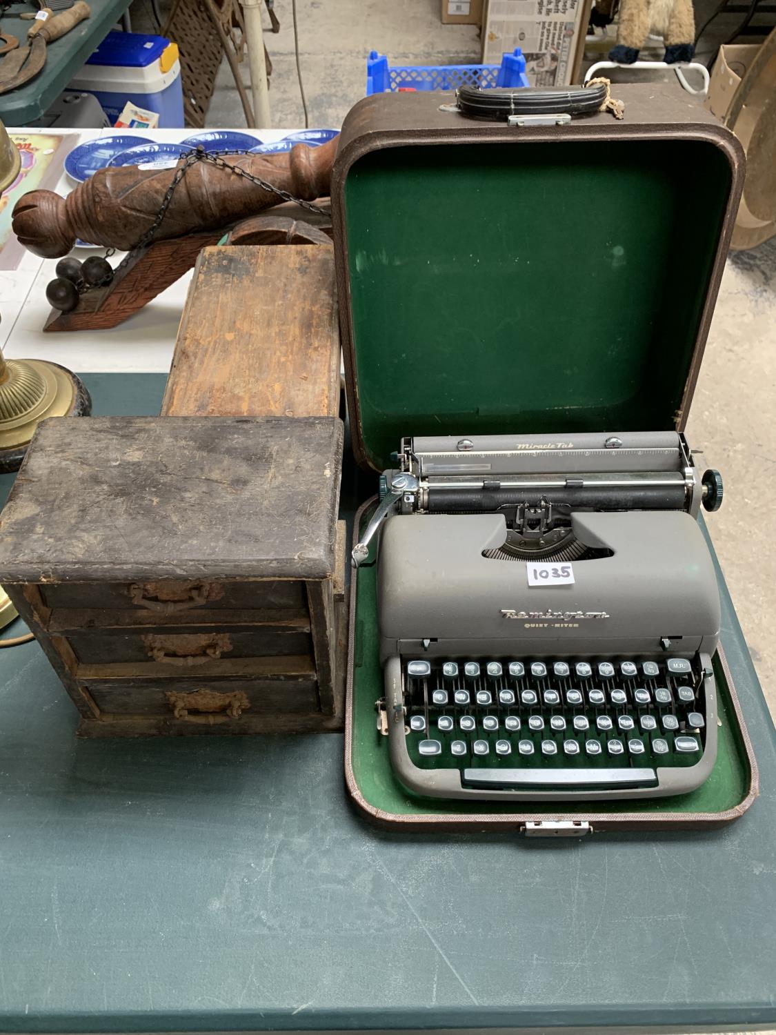 A VINTAGE 'REMINGTON' TYPE WRITTER AND TWO FURTHER WOODEN ITEMS