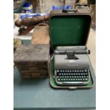 A VINTAGE 'REMINGTON' TYPE WRITTER AND TWO FURTHER WOODEN ITEMS