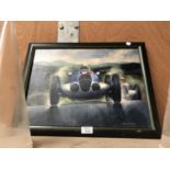 A FRAMED OIL PAINTED CANVAS OF 1950S RACE CAR SIGNED BY G. FREEMAN