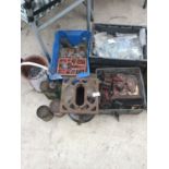 A VINTAGE STOVE, TINS AND A LARGE QUANTITY OF NAILS, SCREWS, BOLTS ETC