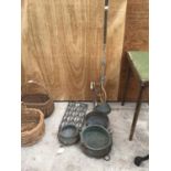 THREE VINTAGE CAST IRON PANS, A DOLLY POSSER AND GRID ETC