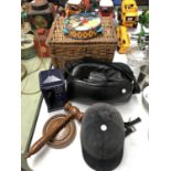 A MIXED GROUP OF ITEMS - CHAD VALLEY TAMBOURINE, PICNIC BASKET, RIDING HAT, GAVEL ETC