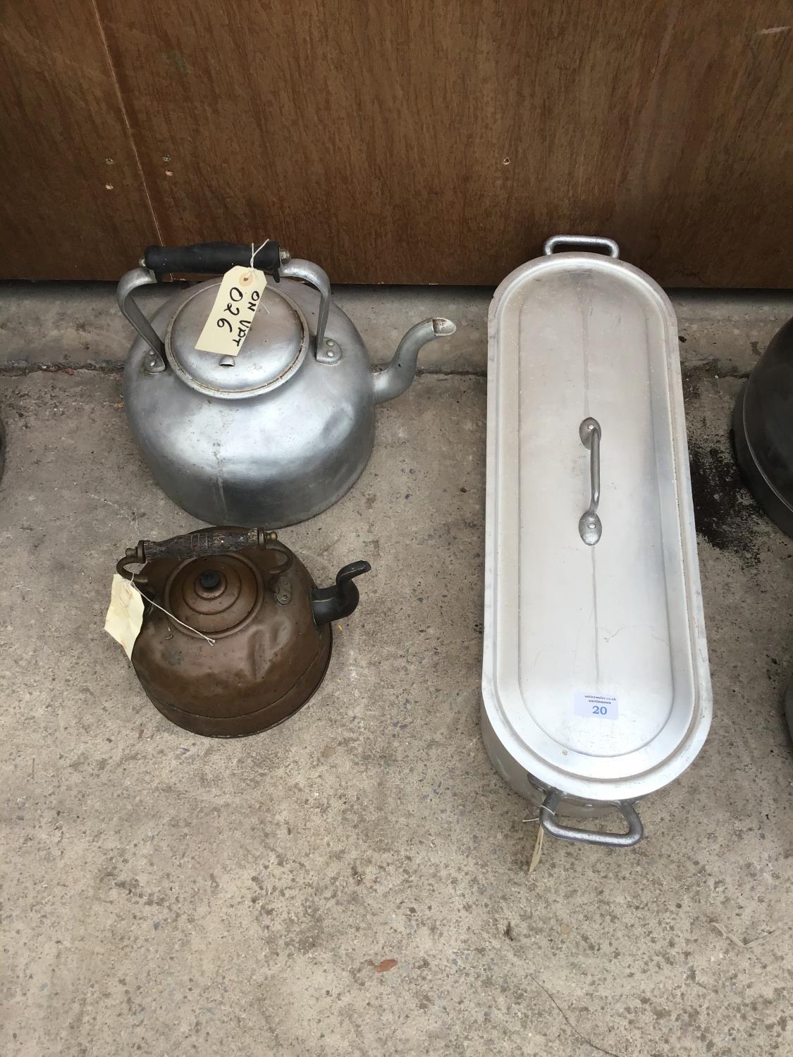 A VINTAGE STAINLESS STEEL FISH KETTLE, AND TWO KETTLES