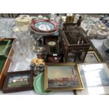 A MIXED GROUP OF ITEMS TO INCLUDE BIRD CAGE, CLOCK, GLASS WARE AND FRAMED PRINTS ETC