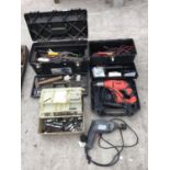 VARIOUS TOOLS TO INCLUDE A BLACK AND DECKER DRILL, A PERFORMANCE HAMMER DRILLSOCKETS, TOOL BOXES ETC