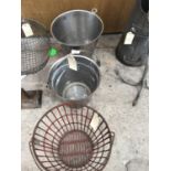 TWO VINTAGE STAINLESS STEEL BUCKETS AND A WIRED POTATO BUCKET