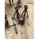 A PAIR OF HAEVY DUTY AXLE STANDS, WHEEL BRACE AND A JACK