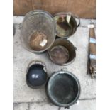 FIVE VINTAGE PANS AND BUCKETS TO INCLUDE JAM PANS, COAL SCUTTLE, POTATO BUCKET ETC