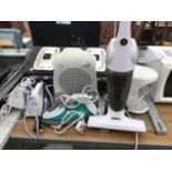 A BELDRAY STEAM CLEANER, THREE IRONS, A FOOD PRACESSOR AND TABLE TOP FOOD WARMER ETC IN WORKING