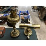 TWO BRASS LAMPS, ONE DESK LAMP AND ONE OIL LAMP