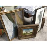 FOUR FRAMED PICTURES TO INCLUDE TWO GILT FRAMED EXAMPLES, ENGRAVING AND OTHER