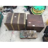 A WOODEN CHEST WITH BRASS STRAPPING AND ORNATE BRASS HANDLES AND TWO WOODEN BOXES