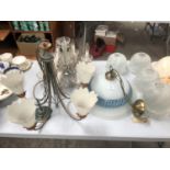 A MIXED GROUP OF ASSORTED LIGHTS, GLASS SHADES ETC