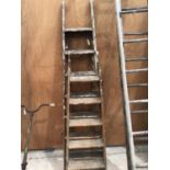 TWO VINTAGE WOODEN STEP LADDERS ONE FIVE RUNG AND ONE SIX RUNG