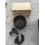 A SMALL WOODEN CABINET WITH DRAWERS, A CAST IRON CAULDRON AND TWO SHOE LASTS