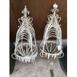 A PAIR OF WHITE METAL HANGING PLANTERS