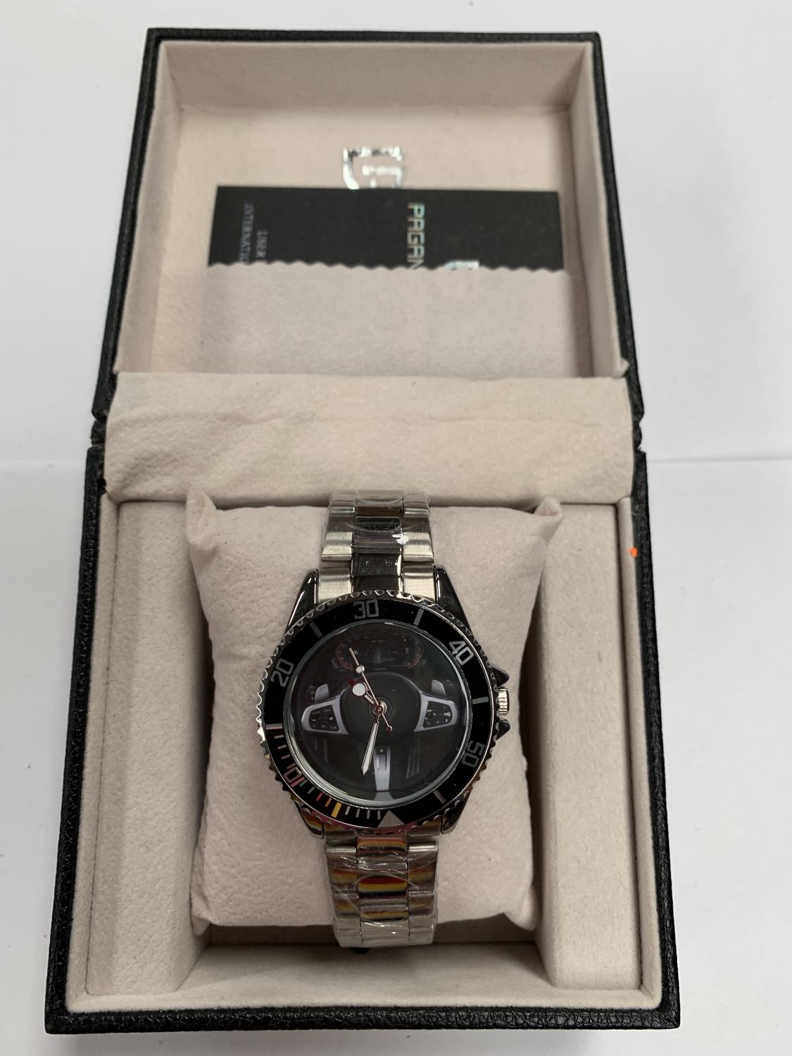 A GENTS BOXED 'PAGANI' B.M.W STEERING WHEEL WATCH FACE AND STRAP