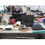 A LARGE COLLECTION OF ELECTRICALS TO INCLUDE MONTIORS, AWIA TURNTABLE, FANS, LOGITECH KEYBOARD ETC