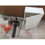 A SMALL WOODEN CABINET, A BLACK AND DECKER GTC300 HEDGE CUTTER, AN INSPECTION LAMP ETC