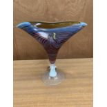 A VASELINE AND COLOURED GLASS VASE ON TAPERED SUPPORTS, SIGNED 'FISCH' '78