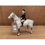 A BESWICK FEMALE RIDER ON DAPPLE GREY HORSE CERAMIC FIGURE, SMALL CHIP TO EAR