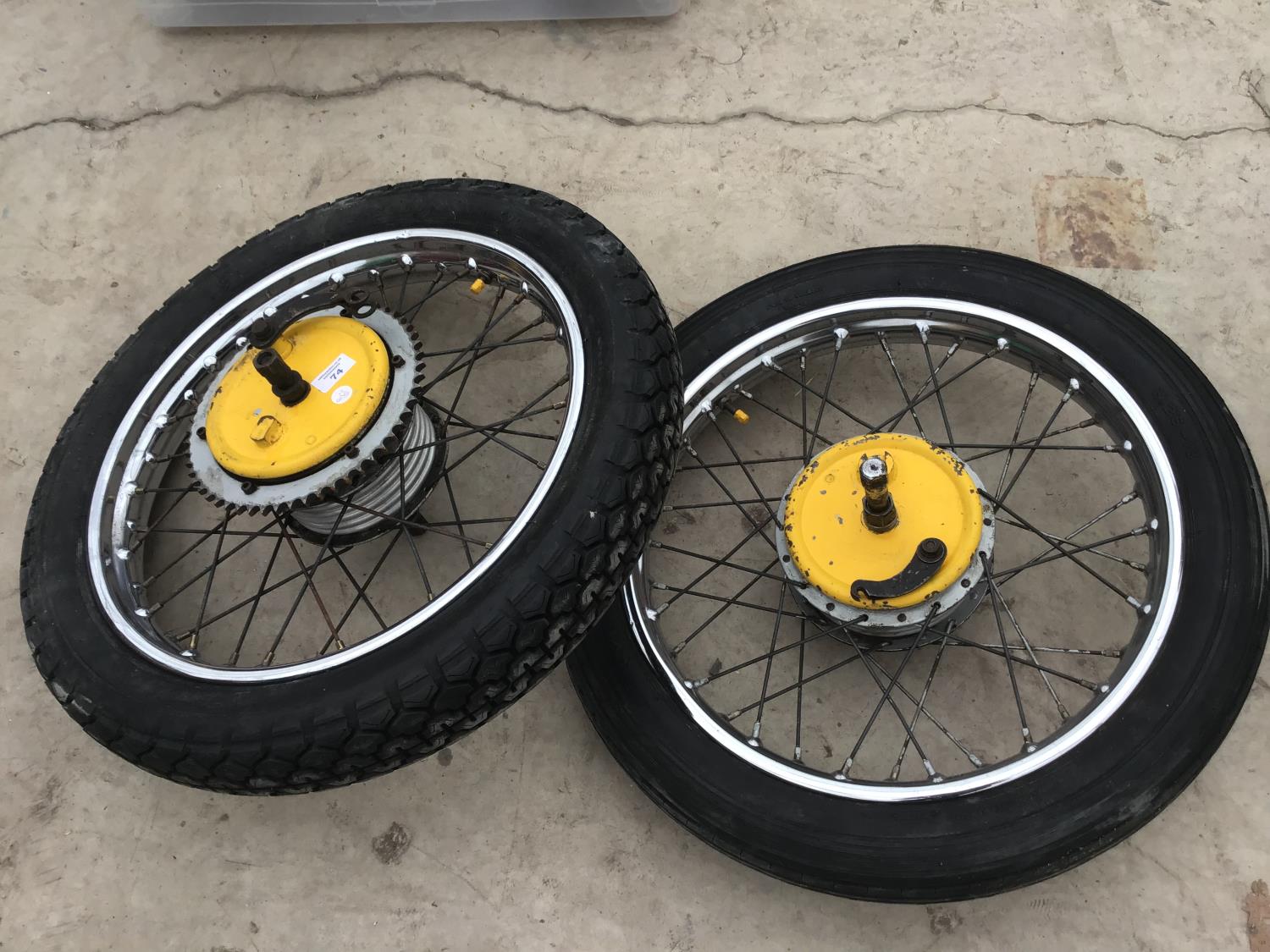 A PAIR OF FRONT AND REAR WHEELS FOR A NORTON JUBILEE (DIFFERENT TYRES)