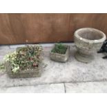 THREE VARIOUS CONCRETE PLANTERS TO INCLUDE A LARGE AND A SMALLER SQUARE AND AN URN (AT FAULT ON