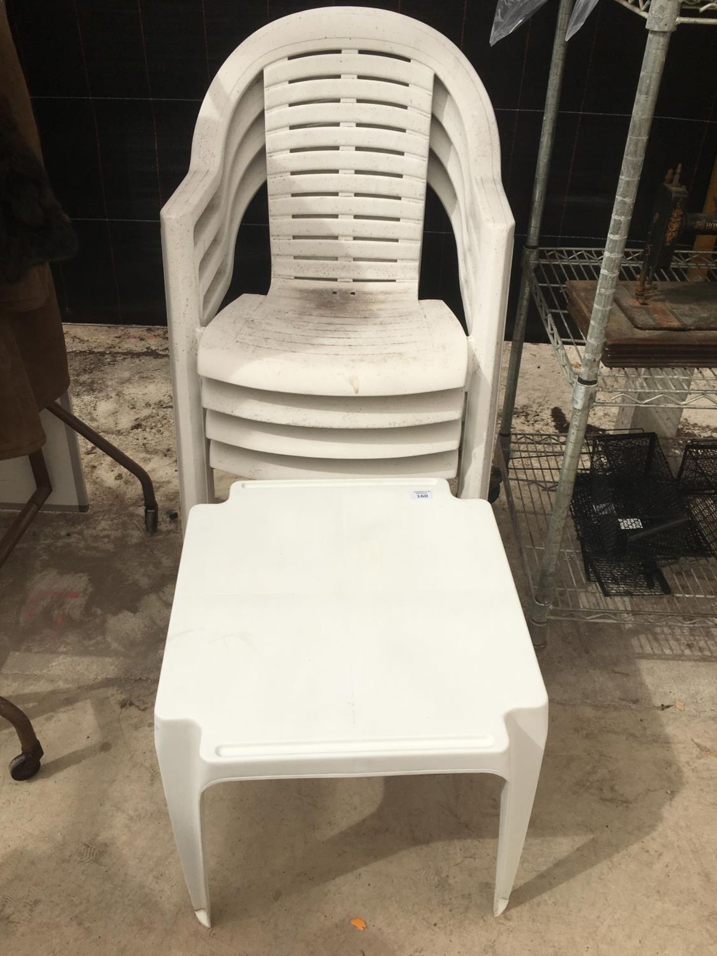 FOUR WHITE PLASTIC GARDEN CHAIRS AND A SQUARE TABLE - Image 2 of 2