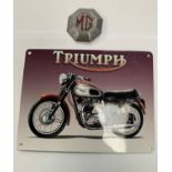 A METAL TRIUMPH SIGN WITH MG BADGE