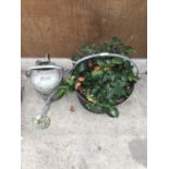 A VINTAGE METAL BUCKET (PLANTED) AND A VINTAGE WATERING CAN