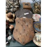 A SHEILD SHAPED WOODEN KEY HOLDER AND A HAT BOX AND HAT BOX