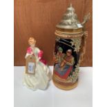 A ROYAL WORCESTER BONE CHINA 'FIRST DANCE' 3629 LADY FIGURE AND A GERMAN BEER STEIN (2)