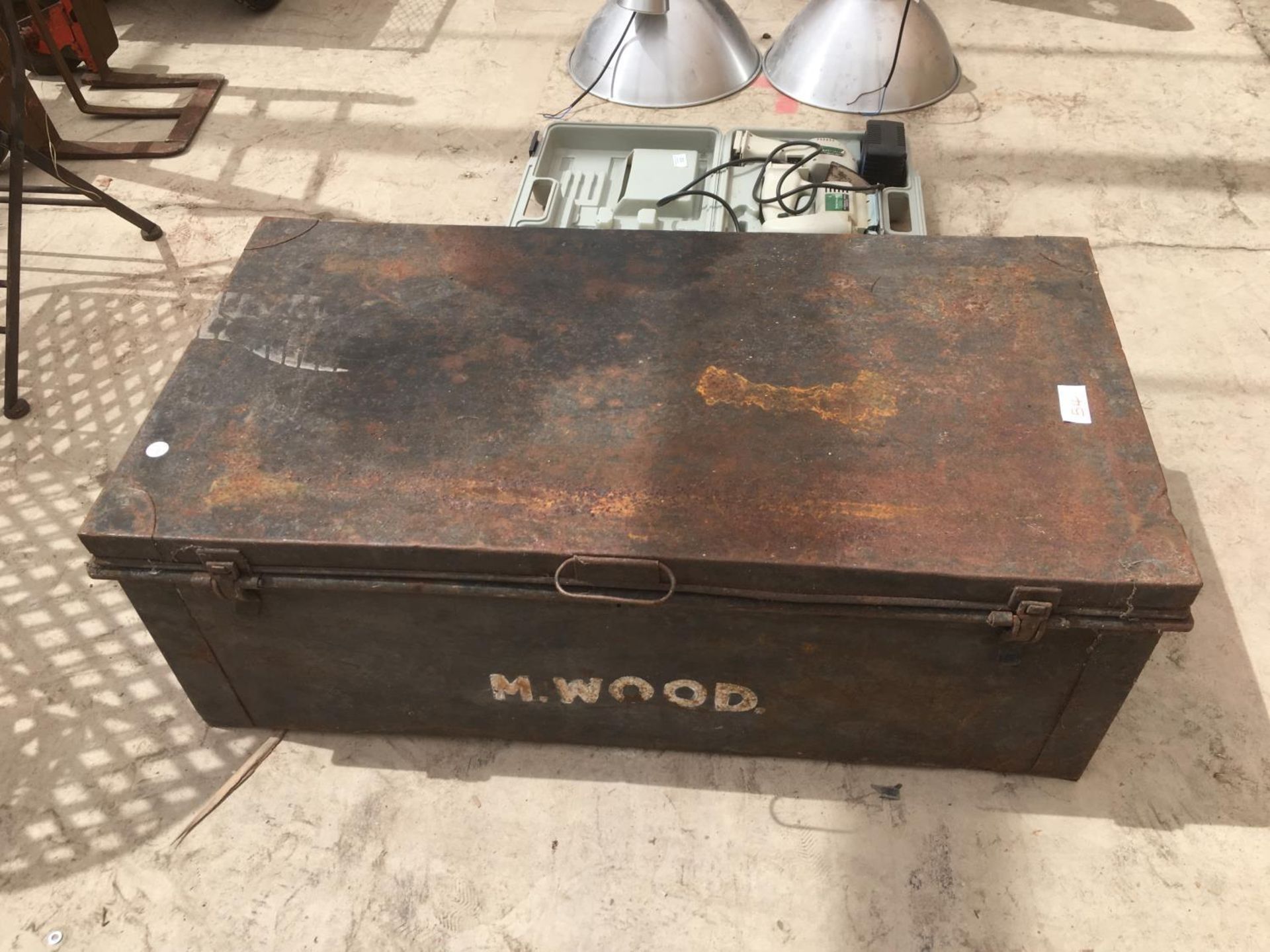 A VINTAGE METAL CHEST WITH 'M WOOD'