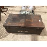 A VINTAGE METAL CHEST WITH 'M WOOD'