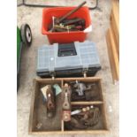 THREE TOOL BOXES WITH CONTENETS TO INCLUDE PLANES, SMALL VICE, SPANNERS, DRILL BITS, SCREW DRIVERS