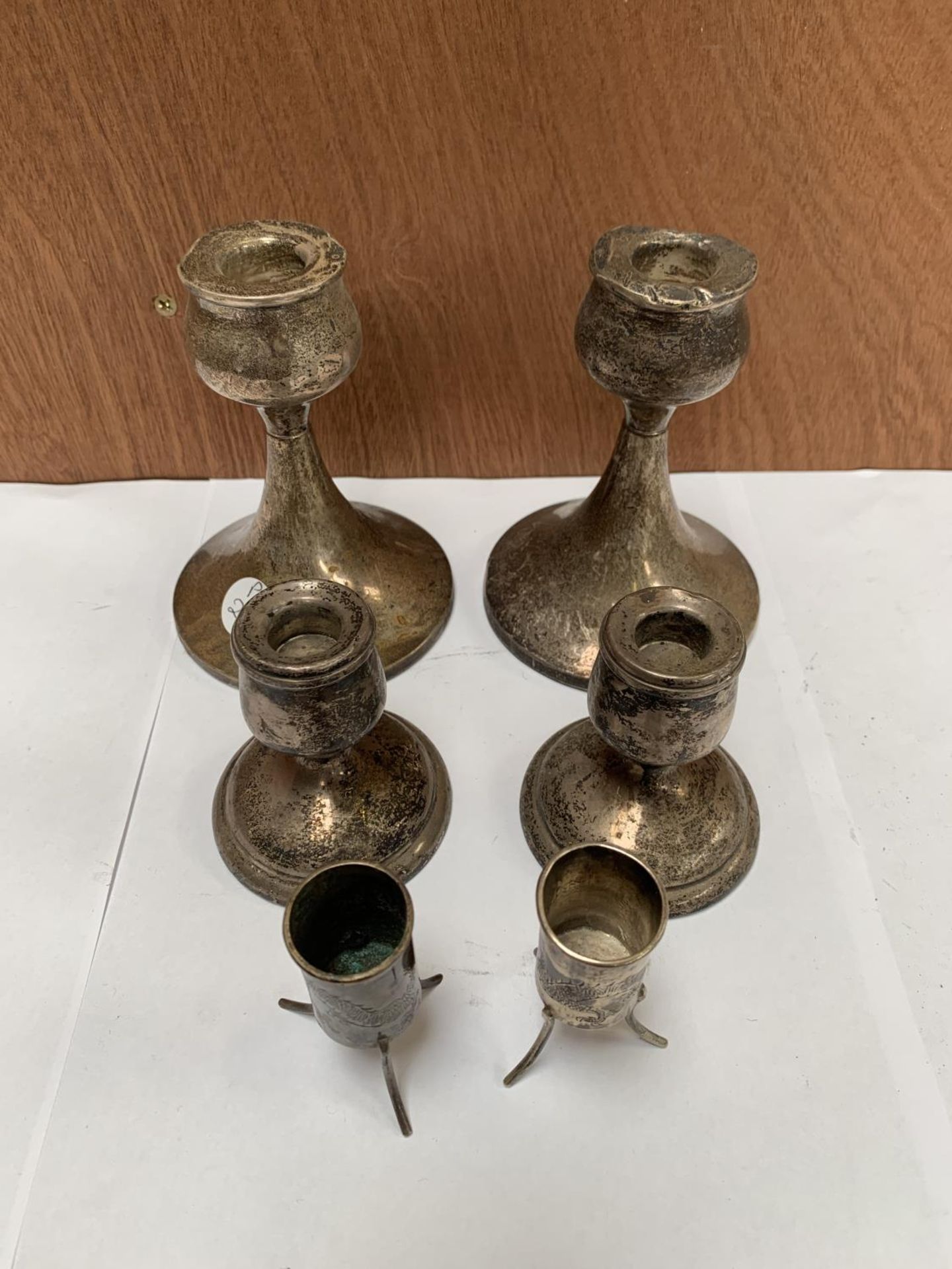 TWO PAIRS OF HALLMARKED SILVER CANDLE STICKS AND TWO CHINESE WHITE METAL MINIATURE POTS (6) - Image 2 of 3