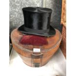 A VINTAGE 'SAM MARSHALL, HYDE' GENTS SILK TOP HAT WITH LEATHER HAT CASE AND CUSHION