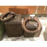 A PAIR OF VINTAGE 56LB WEIGHTS WITH RINGS