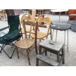 A MIXED LOT OF SIX ITEMS TO INCLUDE A VINTAGE WOODEN STEP, STOOL, TWO WOODEN FOLDING CHAIRS ETC